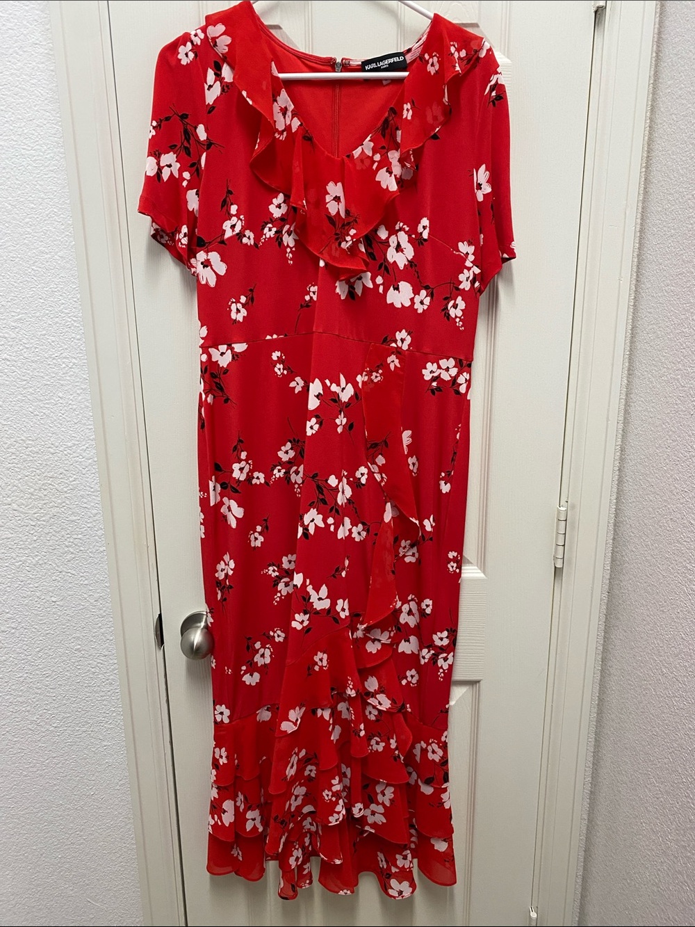 Karl Lagerfeld Red Floral Dress with Black and White Accents
